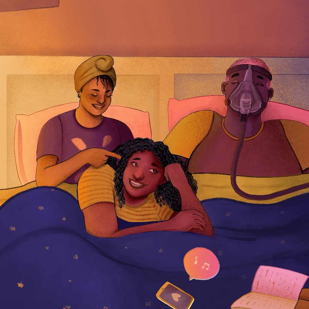 A group of disabled Black friends talk and laugh at a sleepover.