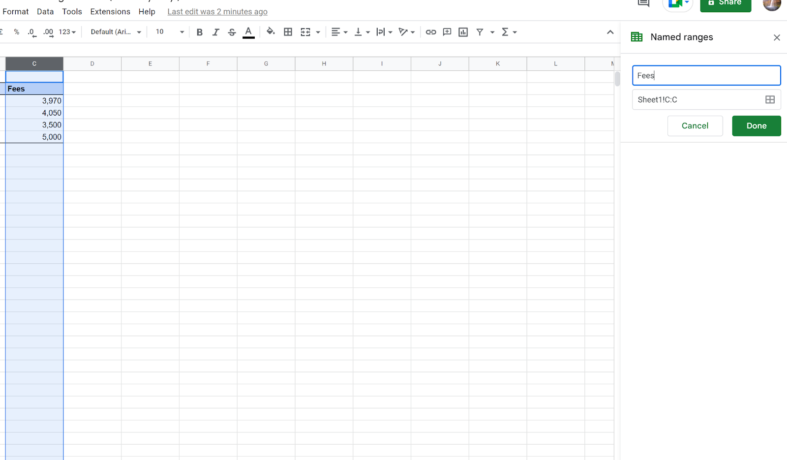 Google spreadsheet rename column: Named range