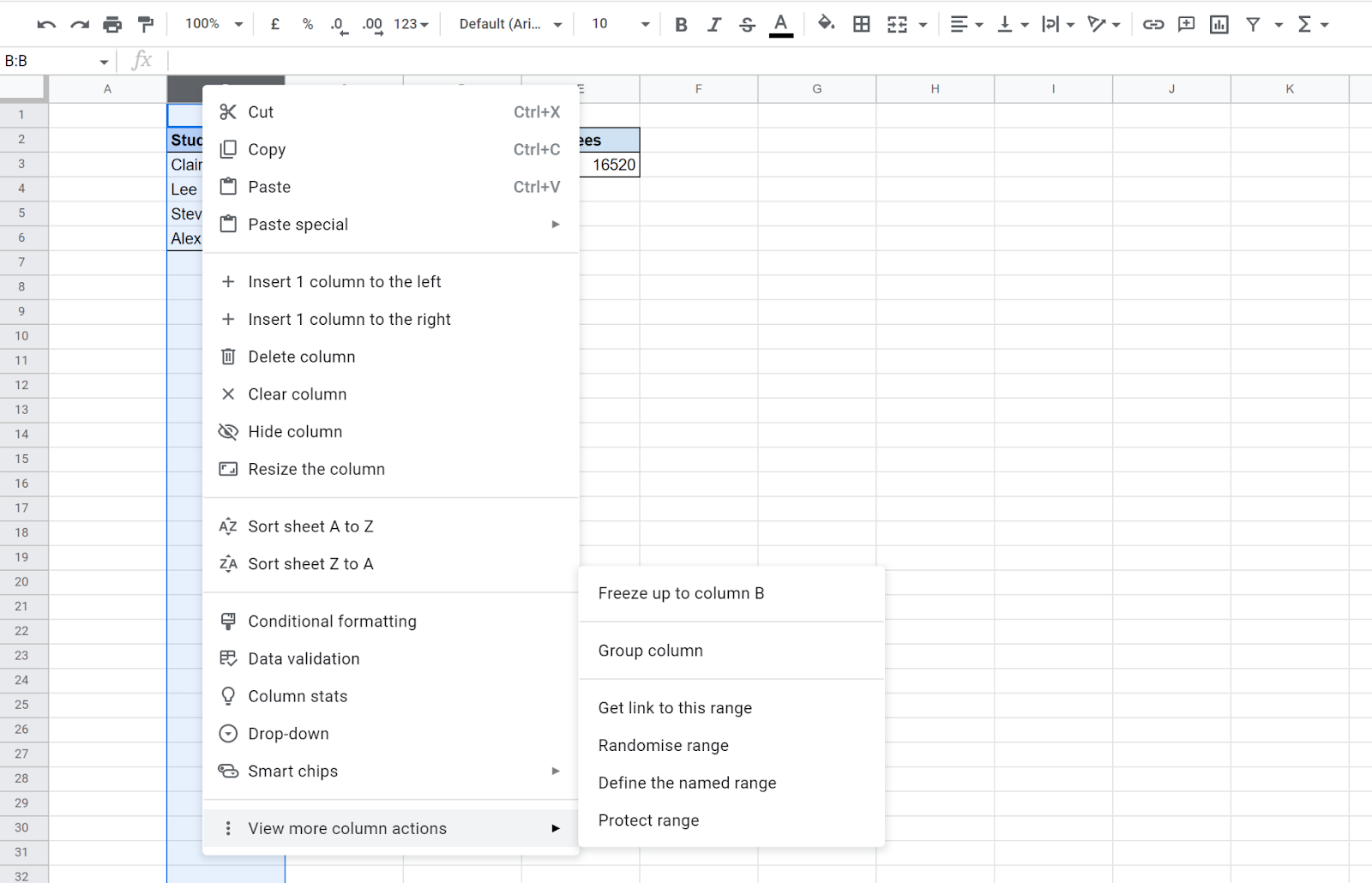 How to change column name in Google Sheets: Right click menu