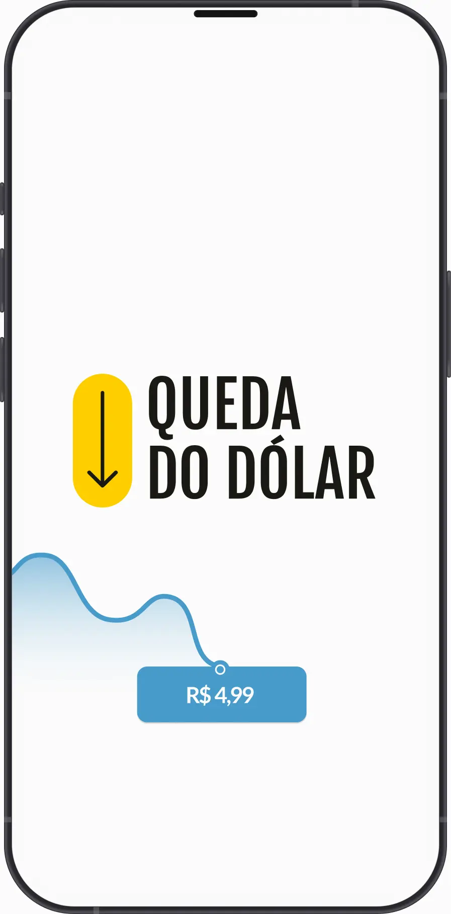 Imagem de um celular com o texto Queda do Dólar