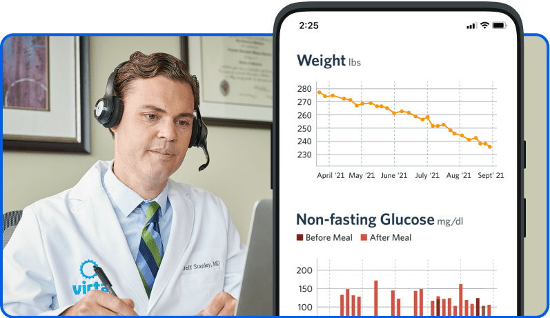 Male physician reviewing patient information on a laptop, next to an iPhone overlay showing charts of the patient's biomarker history on the screen