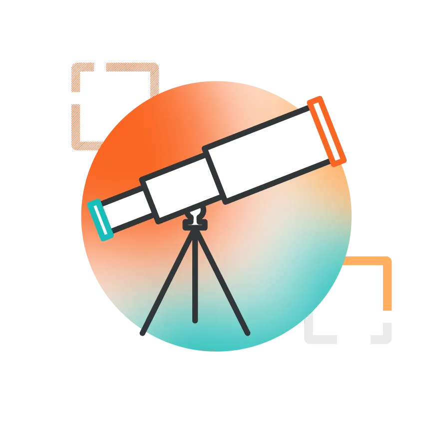 Icon of a telescope looking skyward.