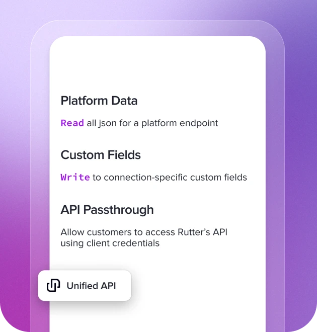 A purple background with a white button that says "Unified API".