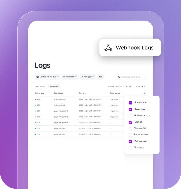 A purple background with a webhook logs button.