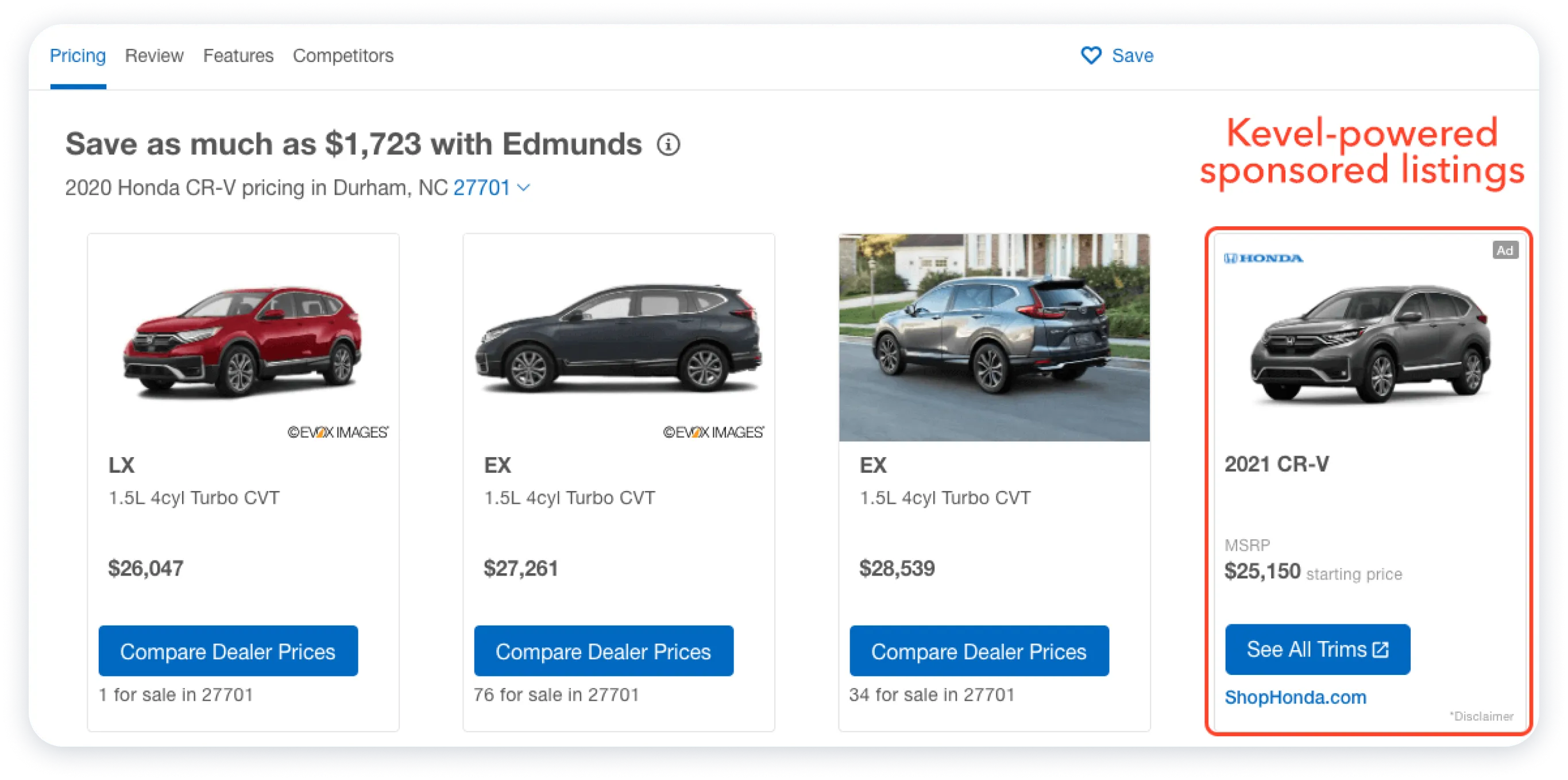 Kevel-powered sponsored listings on Edmunds