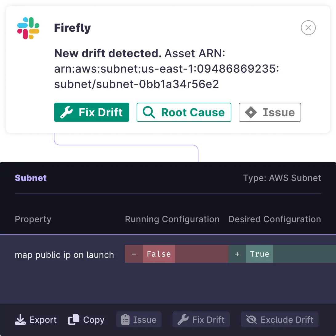 A drift alert showing an asset with a disparity between the running and desired configuration