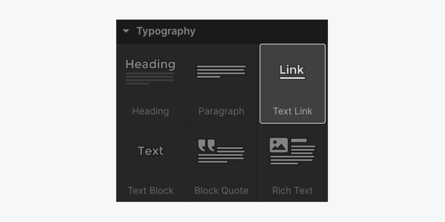 The Text link element is highlighted in the Typography section of the Add panel.