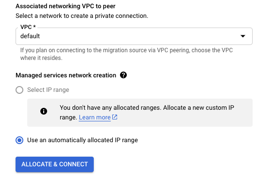 自動的に割り振られた IP 範囲を使用するには、デフォルトのオプションのままにします。