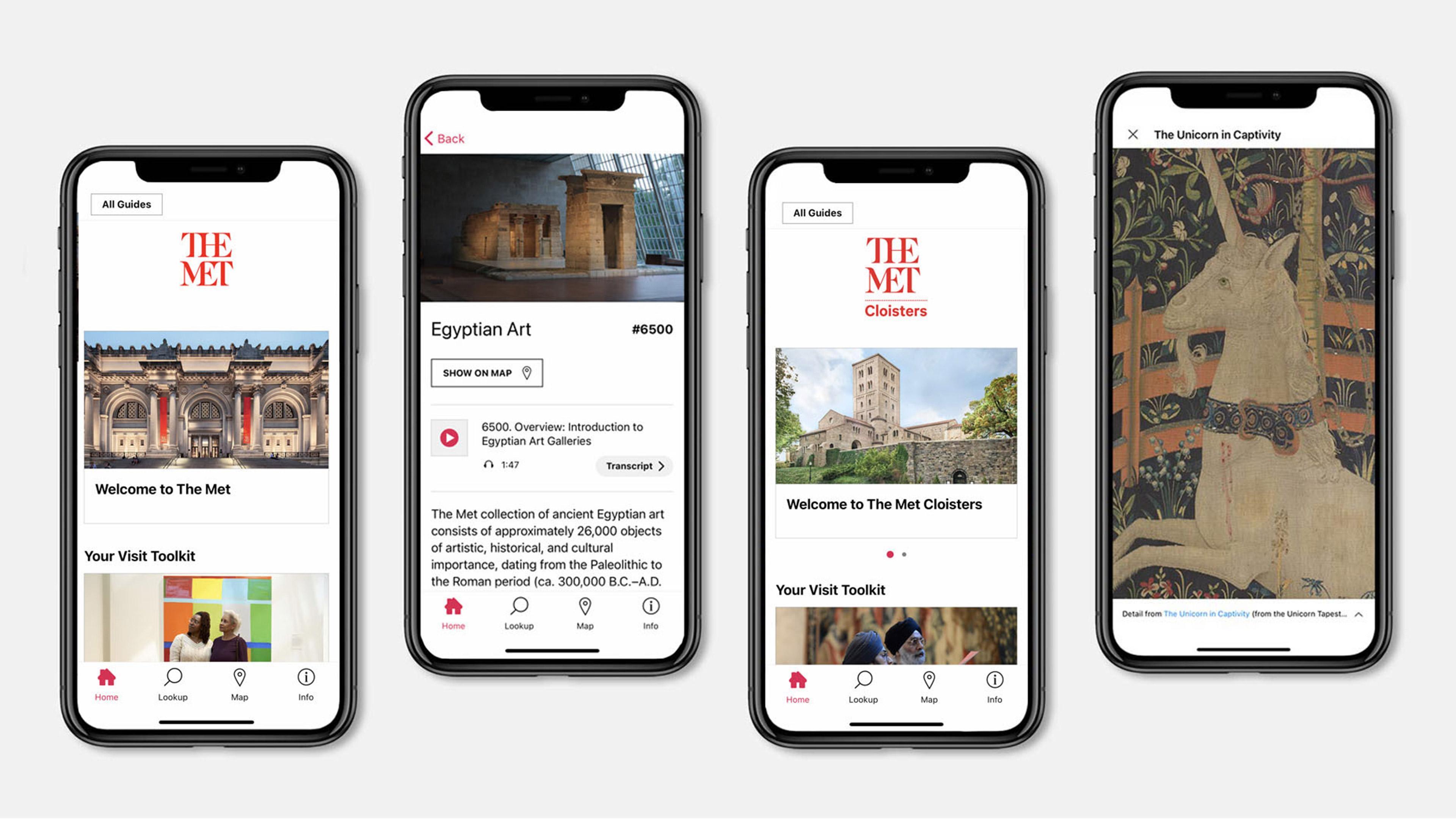 A set of four iPhones with screens showing different aspects of The Met Cloisters digital guide on the Bloomberg Connects app.