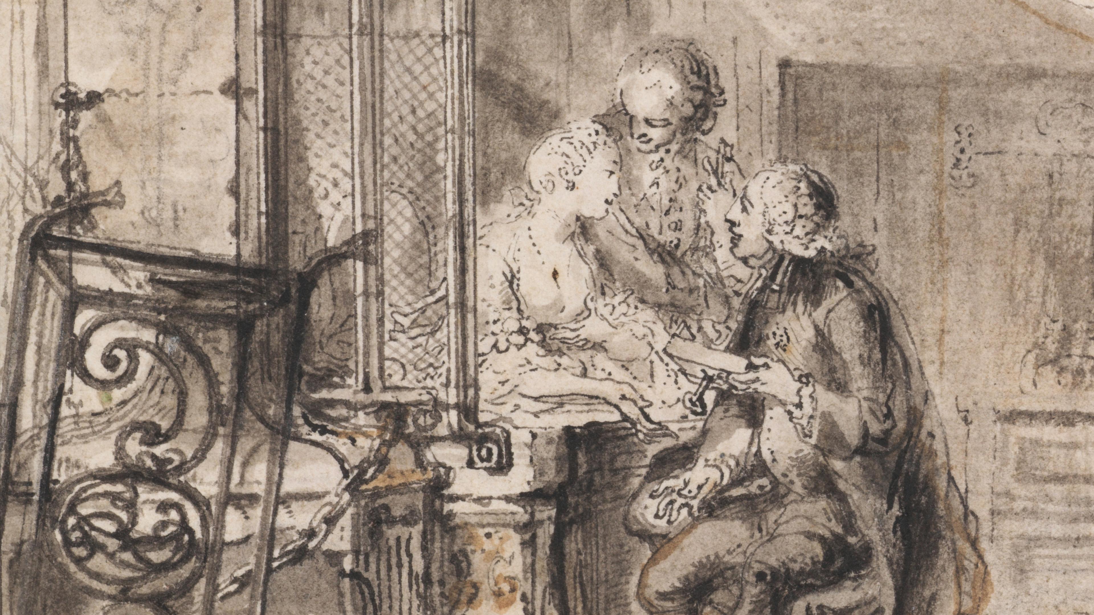 Two men and one woman in period clothing gather around a table, with the men attentively looking at the woman. The setting appears to be indoors, with ornate furnishings and a delicately drawn background.