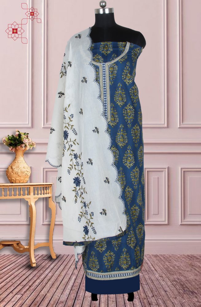 Blue Cotton Printed Unstitched Suit with Beautiful Dupatta - 131-1476A