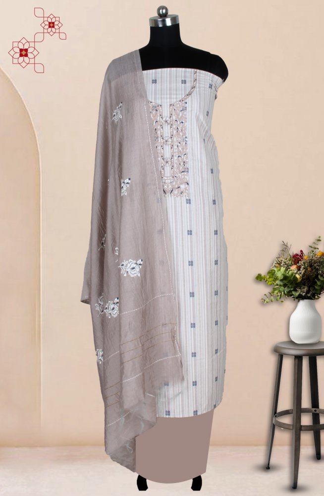 Beige Cotton Woven Unstitched Suit with Trendy Dupatta - 944-4007