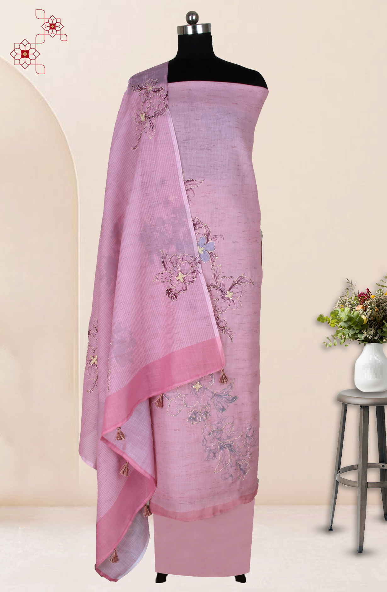 Pink Linen Kantha Work Salwar Suit with Trendy Dupatta - 986-VTA292