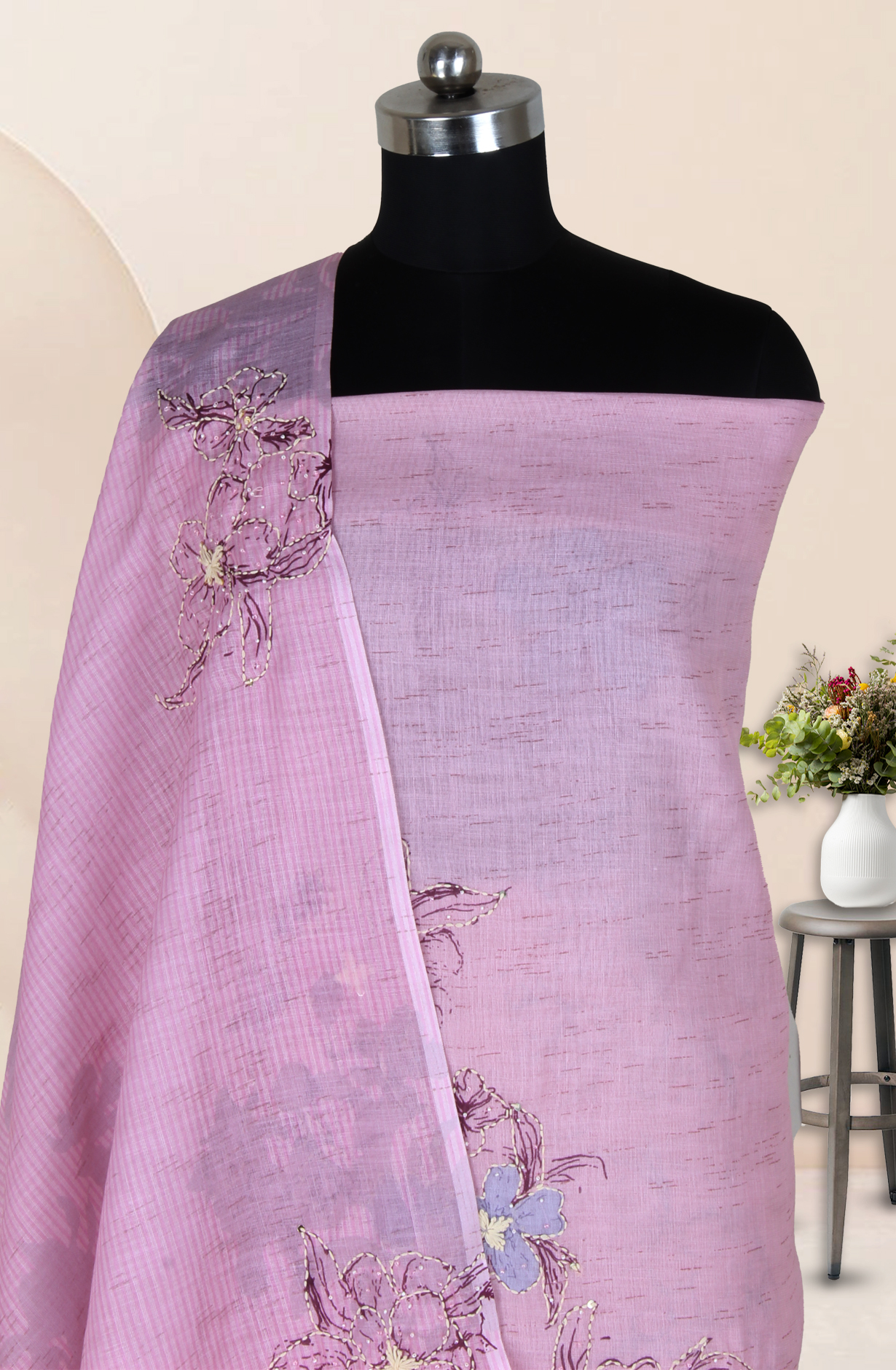 Pink Linen Kantha Work Salwar Suit with Trendy Dupatta - 986-VTA292