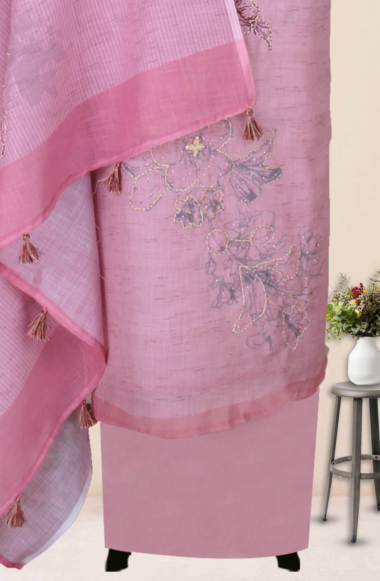 Pink Linen Kantha Work Salwar Suit with Trendy Dupatta - 986-VTA292