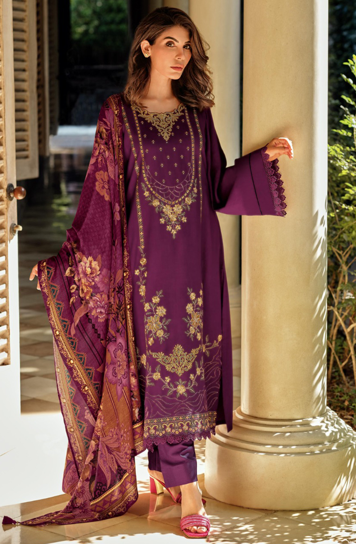 Wine Muslin Suit Set with Beautiful Digital Printed Dupatta-  ORN03