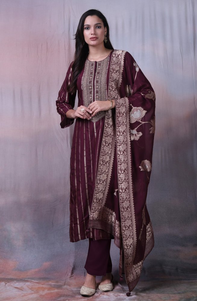 Designer Wine Tussar Silk Salwar Kameez with Organza Dupatta - R157-SPR1724