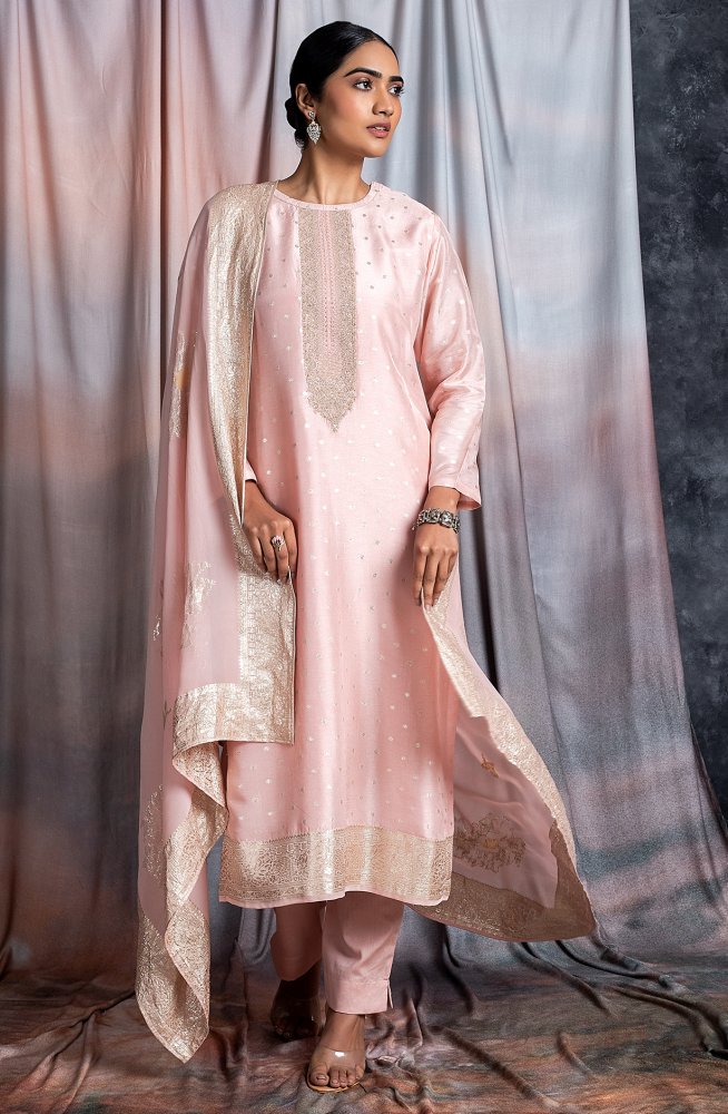 Peach Designer Silk Salwar Kameez with Organza Dupatta - SAB2194