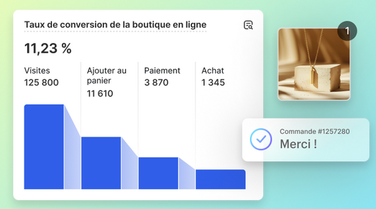 Collage avec un graphique du taux de conversion d’une boutique en ligne, superposé à un bijou et à un pop-up de commande qui dit « Merci ! »