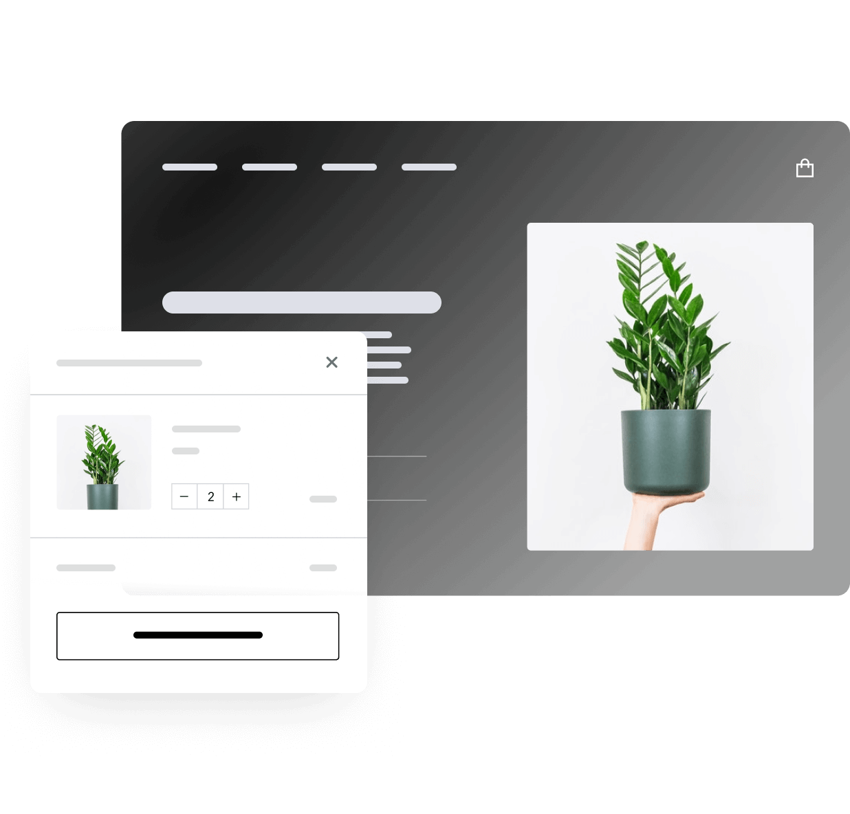 A plant product in a Shopify online store and in an online shopping cart.