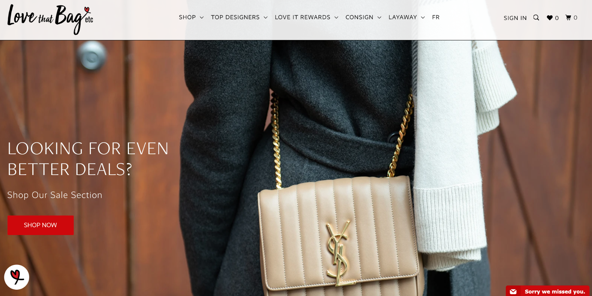 Love that Bag etc homepage featuring one of their high-end purses