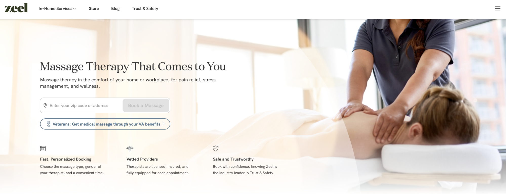 The homepage of Zeel, a mobile massage booking service.