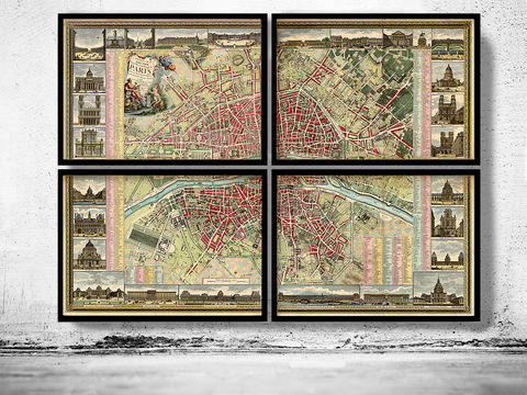 Old,map,of,Paris,1784,-,4,PIECES,Vintage,Map,Wall,Print,paris old map, old map of paris, paris retro, paris city plan, paris wall decor, wall map, old maps of paris