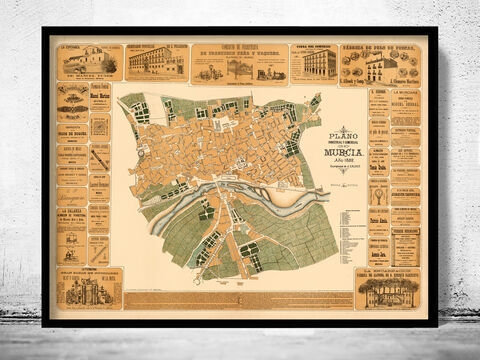 Old,Map,of,Murcia,1882,Spain,Vintage,Murcia ciudad plano, Murcia Region, map, Murcia Region poster, old map of murcia spain