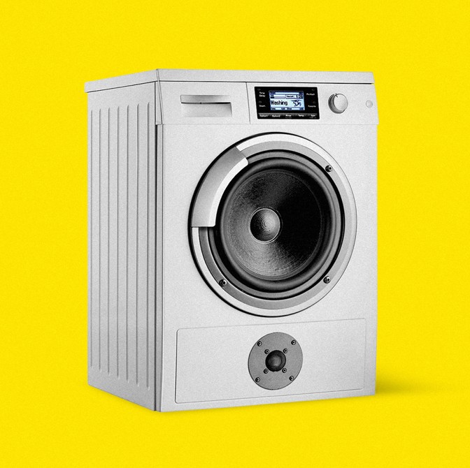 Illustration: washing machine with speaker on yellow background