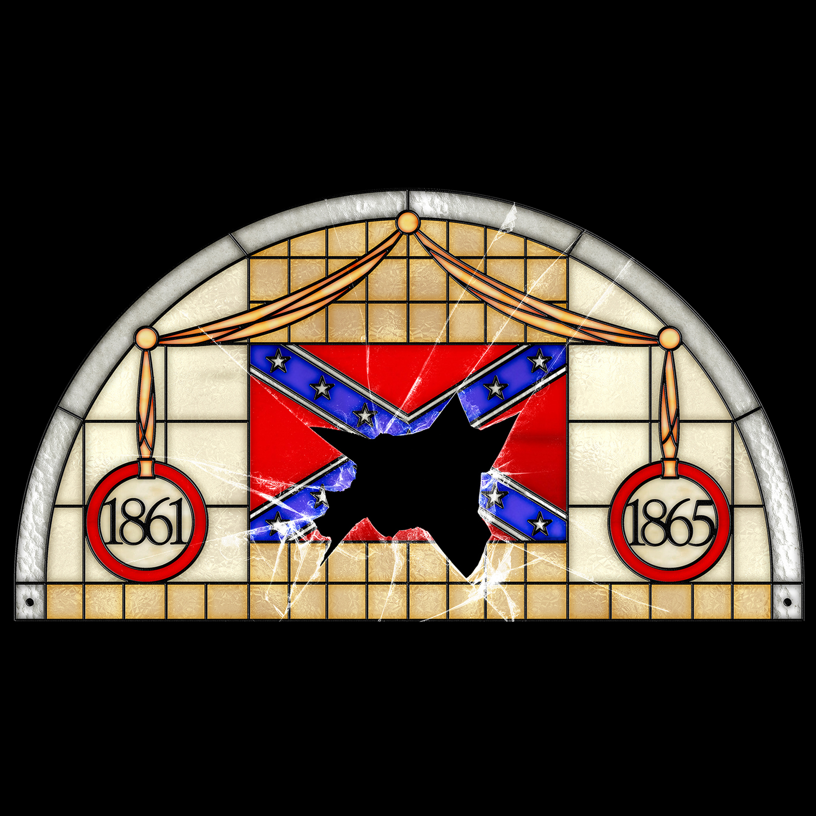 illustration of stained glass confederate flag with a cracked panel