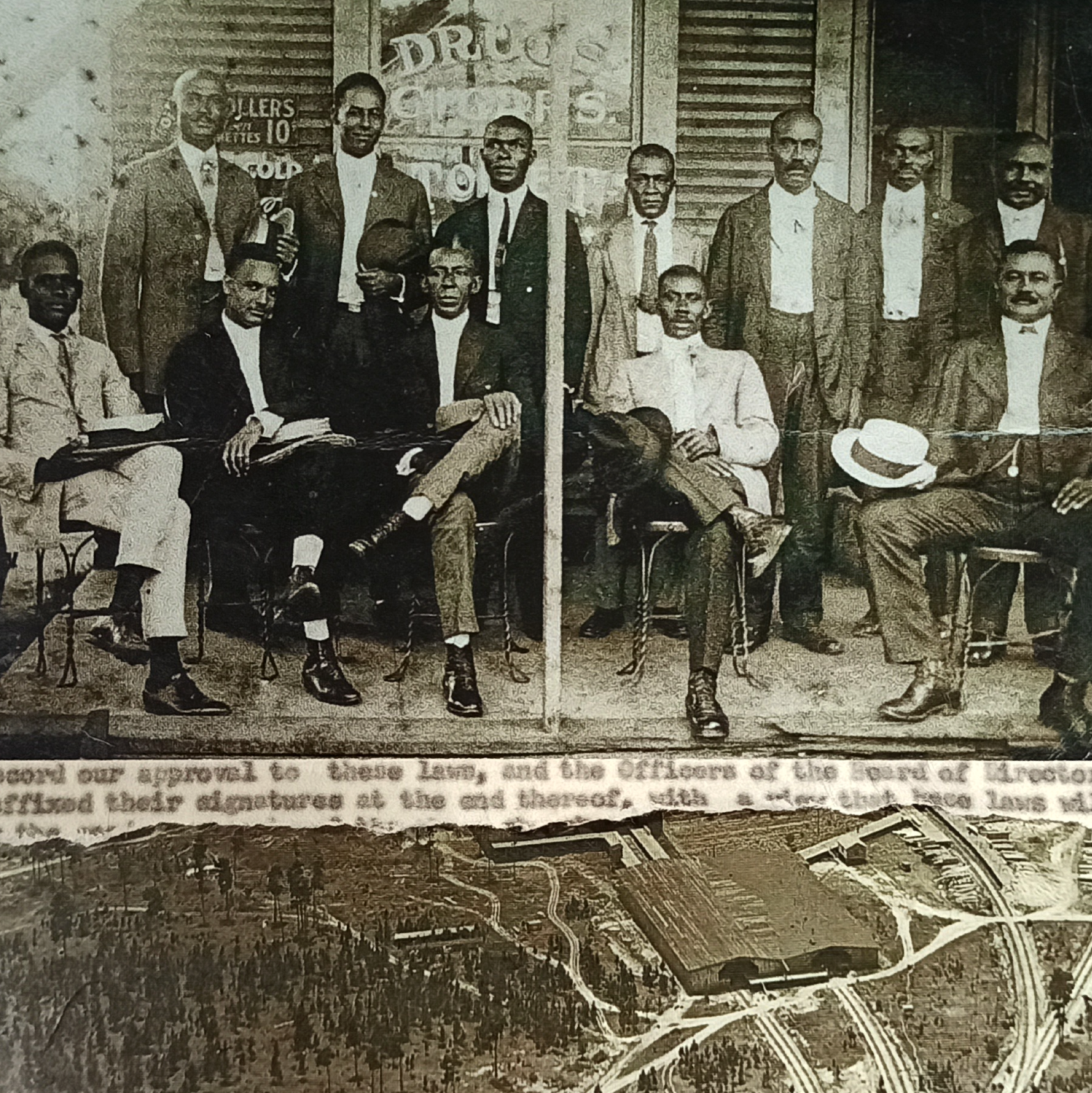 Collage of men sitting in a group, newspaper, and a map