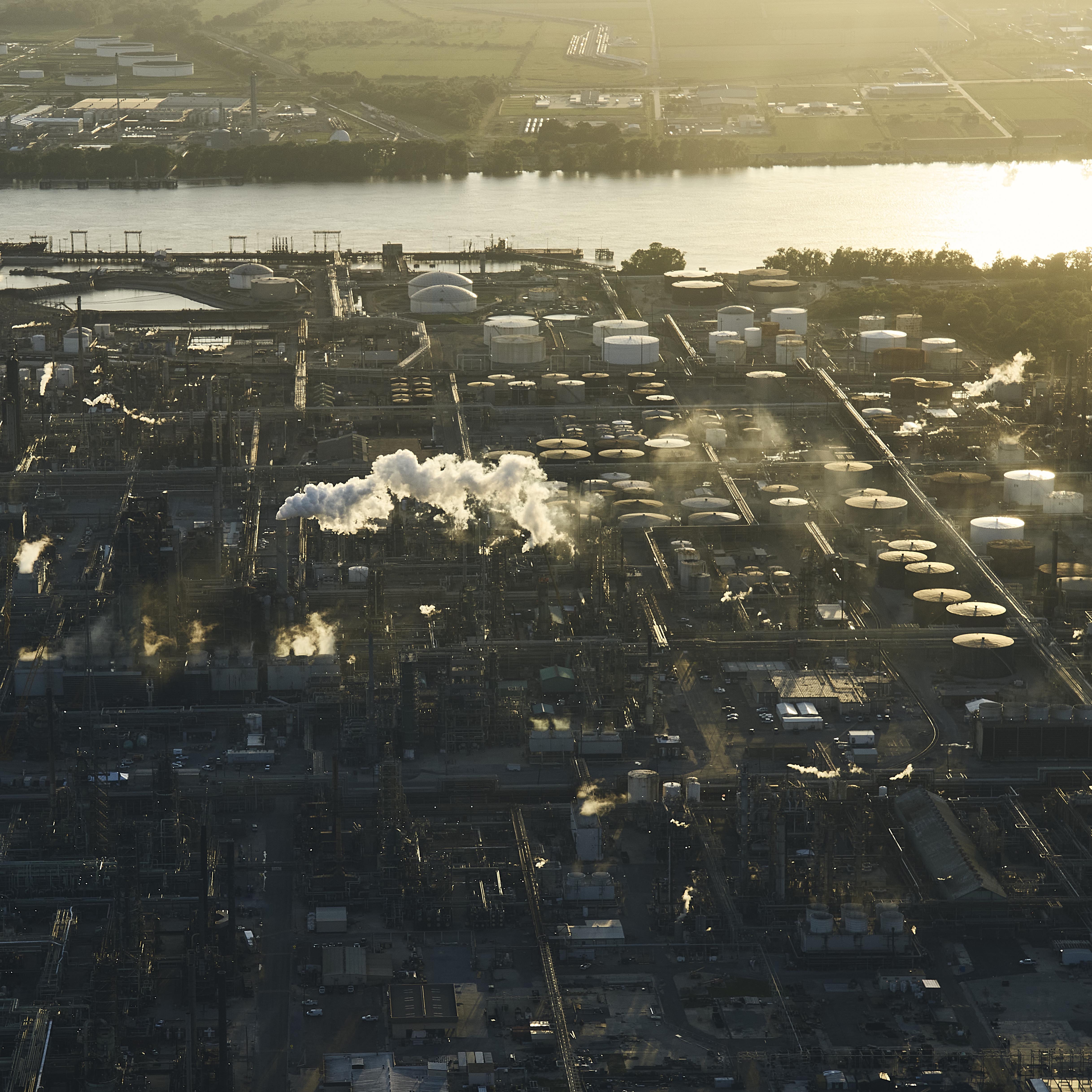 Overhead of chemical plants along the Mississippi river in Louisiana