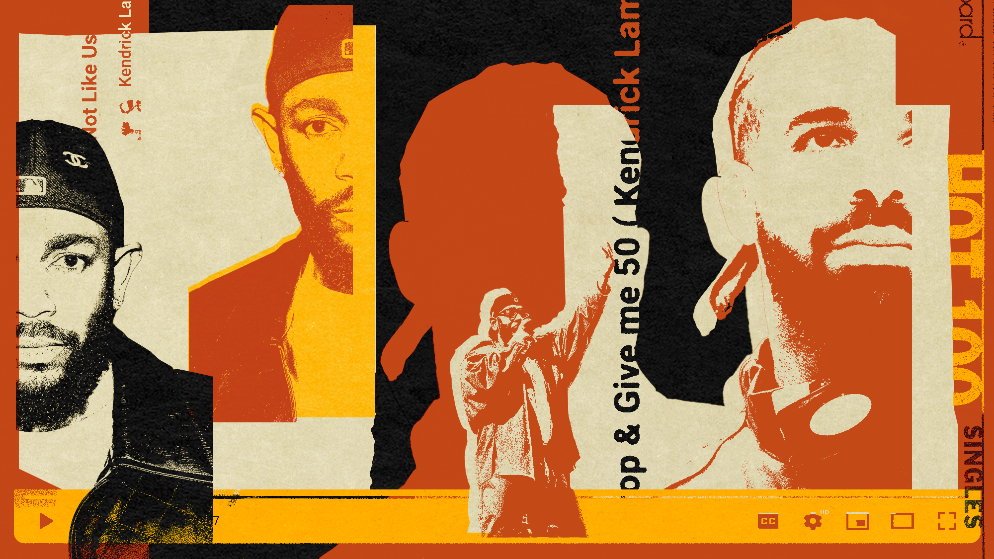 Collage in beige, red, black, and yellow of images of Kendrick Lamar and Drake