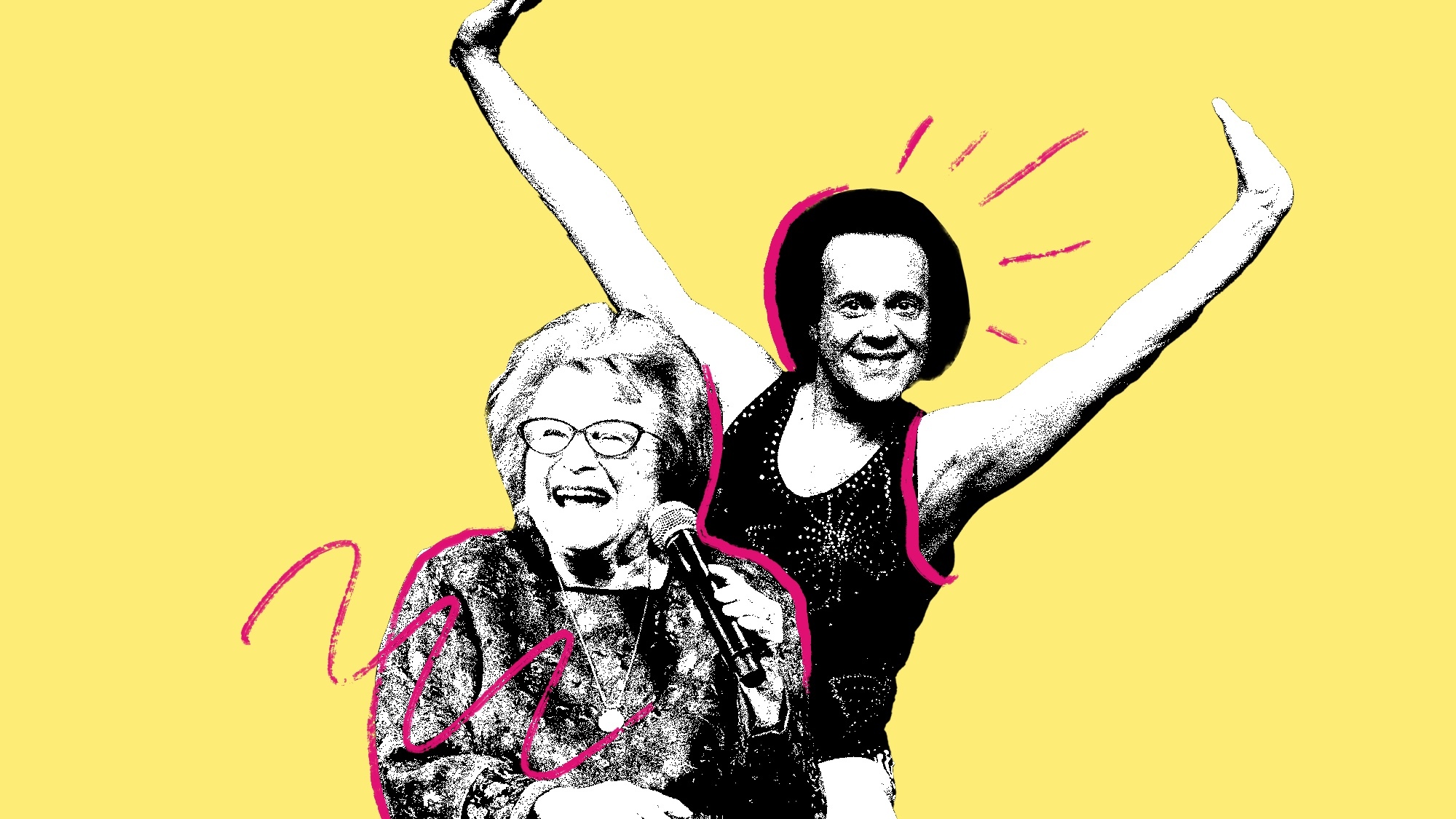 Collage of Dr. Ruth and Richard Simmons against a yellow backdrop