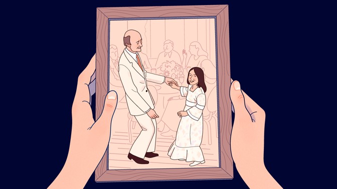 illustration of hands holding a photograph of two people dancing at a party