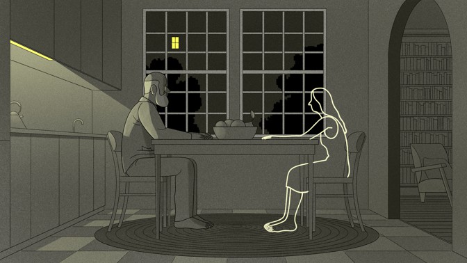 man and a ghost of his wife sit at a kitchen table