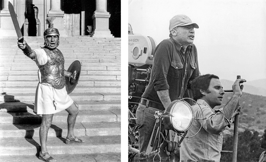 2 photos: Brooks dressed as Roman holding sword and shield on set; Brooks in ballcap with man and film equipment