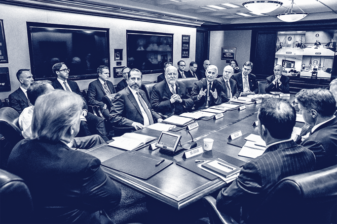 stylized photo of many people sitting at long conference table in suits