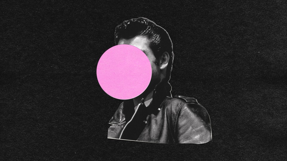 A man in a leather jacket with a pink bubble in front of his face