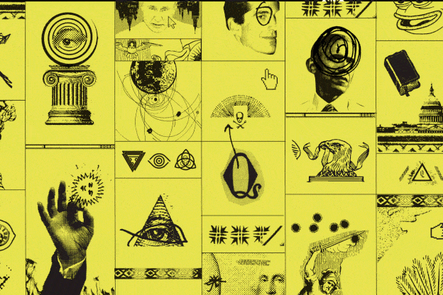 A yellow illustration of flashing conspiracist symbols