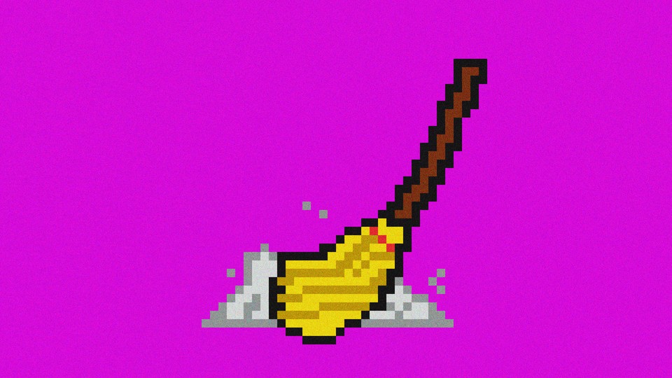 Pixelated illustration of a broom on a fuchsia background