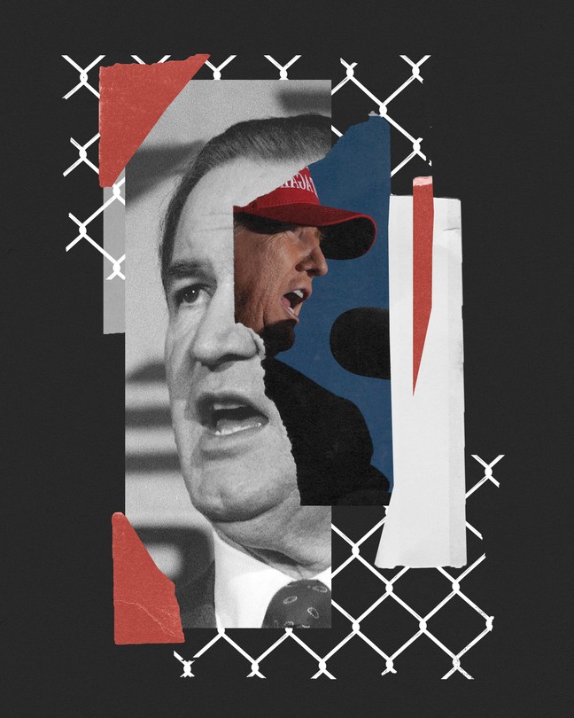 An illustration featuring a photo of Pat Buchanan and a photo of Donald Trump, backgrounded by a fence