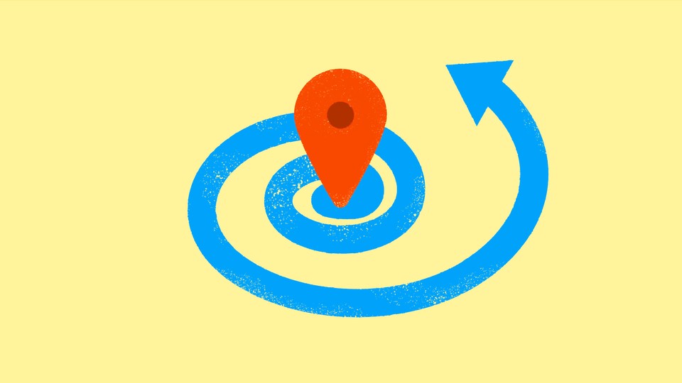 Illustration of a blue spiral arrow with a Google Maps location marker