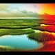 A photograph of a salt marsh -- the right side of the frame is tinged red