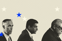 An illustration showing a trio of congressional Democrats: Ro Khanna, James Clyburn, and Jared Huffman