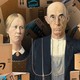 illustration of 'American Gothic' couple surrounded by Amazon boxes