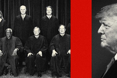 A photomontage featuring Donald Trump and Supreme Court justices