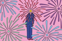 An illustration of a happy person amid exploding fireworks of color.