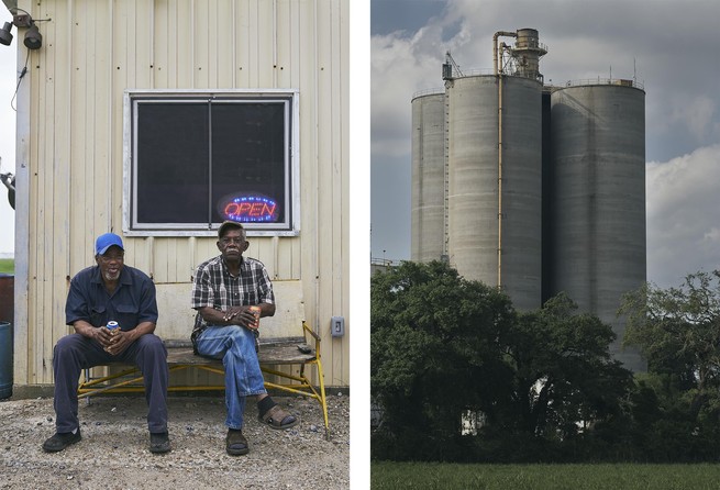 diptych of two men sitting talking and tall buildings