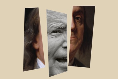 Illustration where portraits of Benjamin Franklin and Joe Biden are spliced together